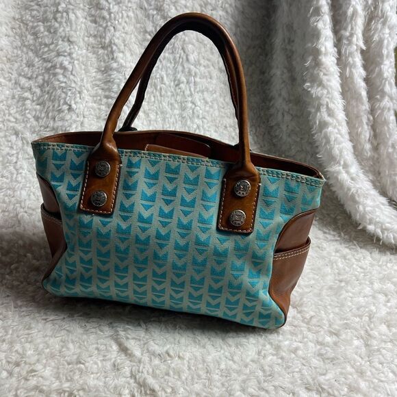 Michael Kors Monogram Blue canvas medium Satchel with leather tan trims &straps - Picture 1 of 12